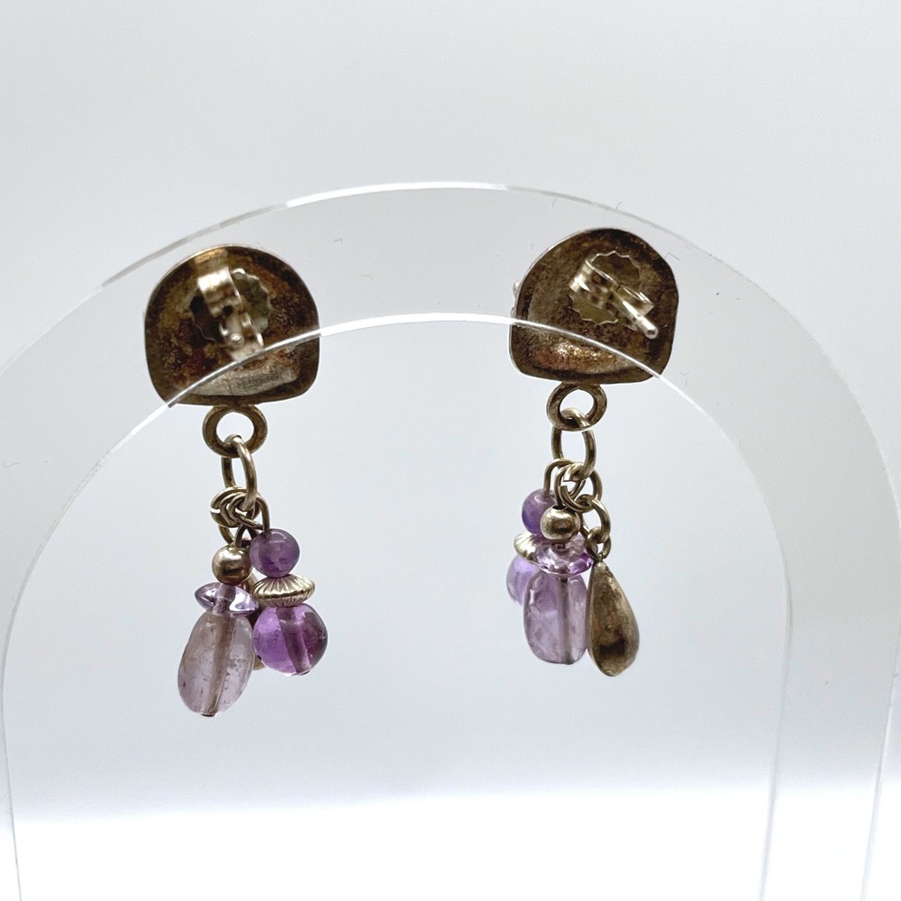 Vintage Sterling Silver Amethyst Brutalist Cluster Drop Earrings Purple Stone - Picture 3 of 6